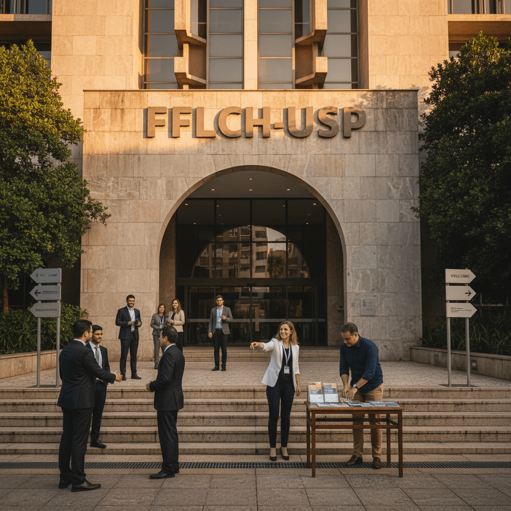 Chegada de participantes no prédio da FFLCH para o ciclo