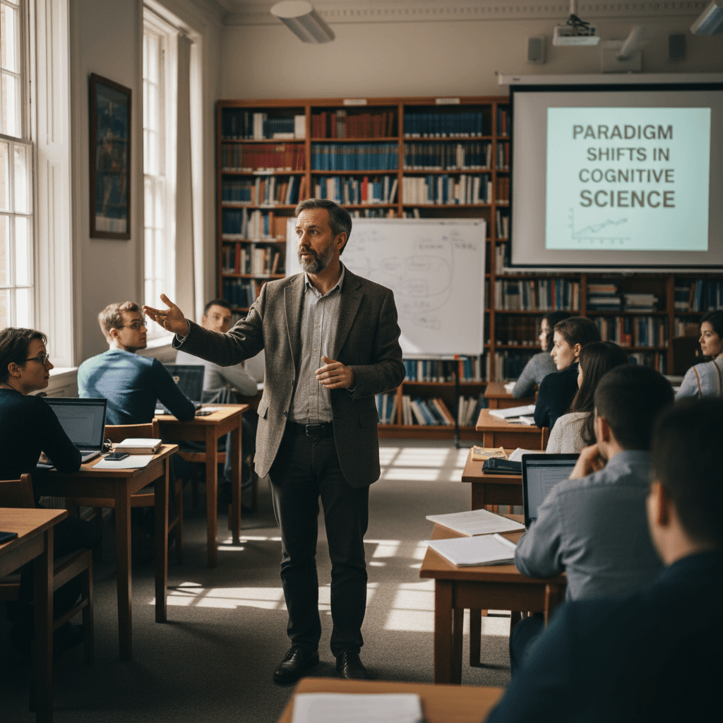 Apresentador discutindo teoria teatral com audiência engajada