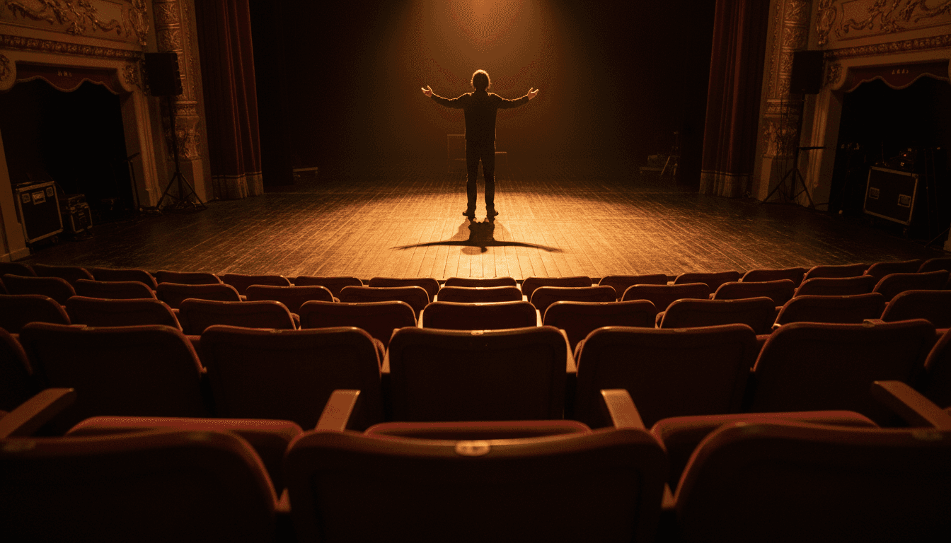 Palco de teatro com iluminação dramática durante apresentação