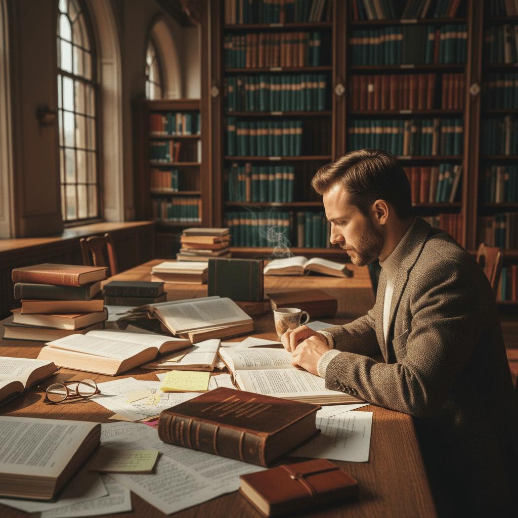 Pesquisador em biblioteca universitária cercado por materiais sobre história do teatro