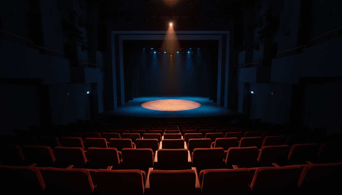 Teatro vazio com iluminação dramática no palco, sugerindo discussão acadêmica e política